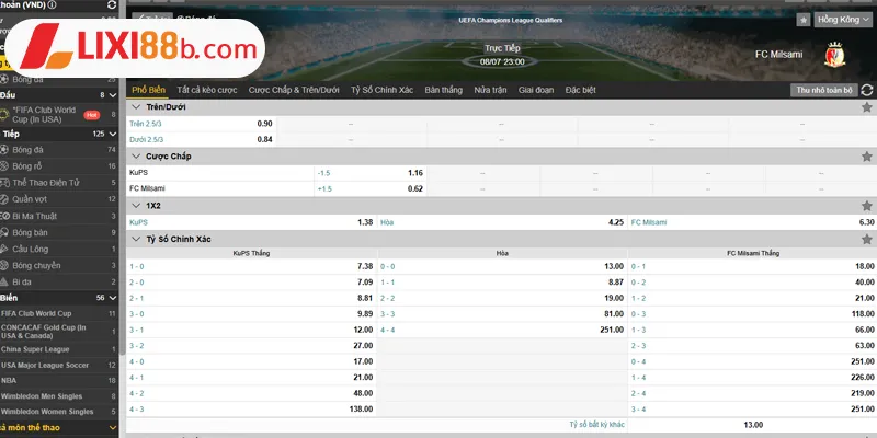 Bảng kèo KUPS vs Milsami ngày 08/07/2025
